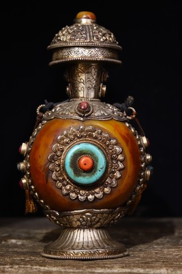 2.76/" Collection Chinese silver gilt inlay gem Handmade snuff bottle