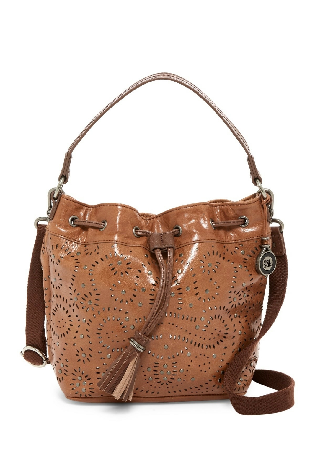 The Sak 245591 Womens Ukiah Perforated Leather Drawstring Bucket Bag Tan