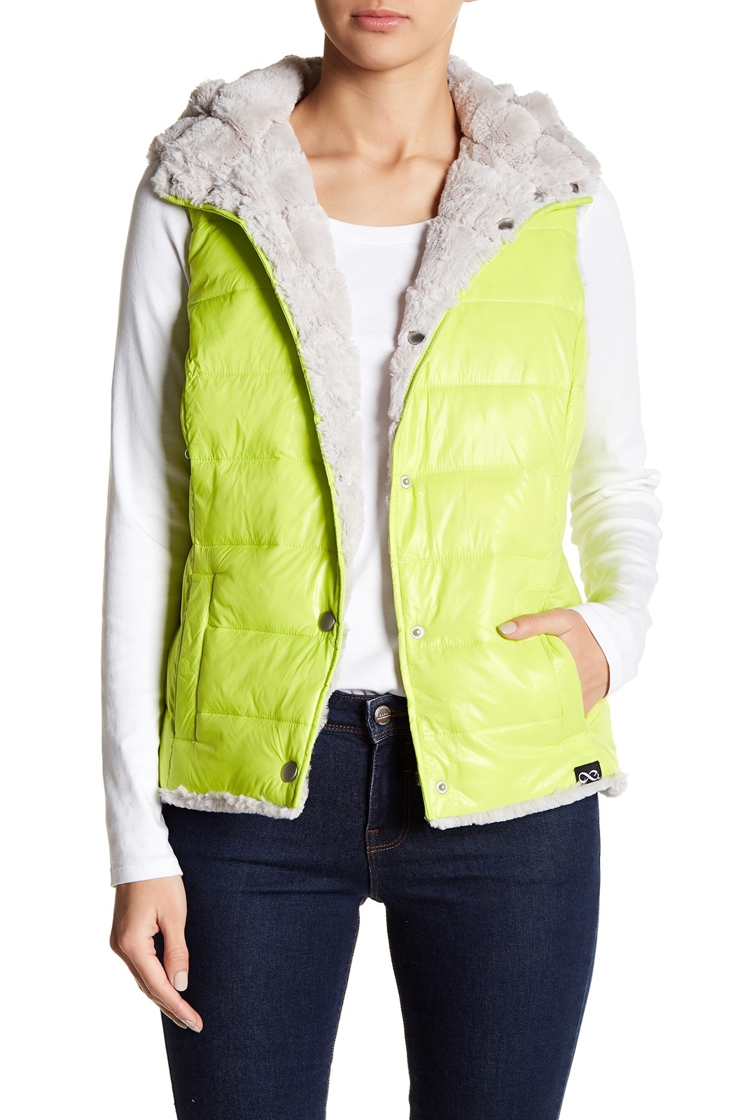 BLANK NOIR 135427 Womans Neon Green Reversible Faux Fur Lined Vest Size Medium