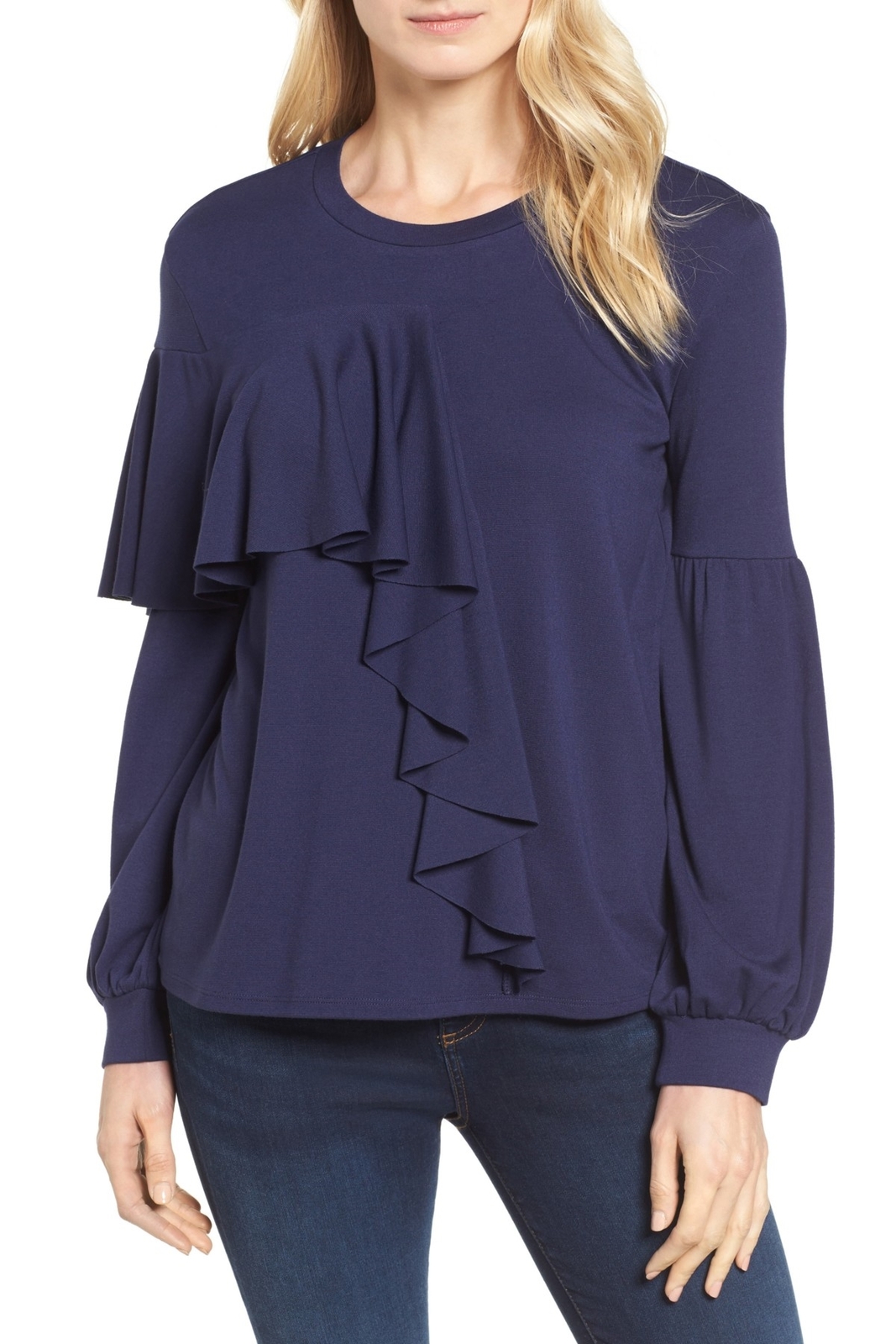 Halogen 163607 Women's Long Sleeve Asymmetrical Ruffle Blouse Navy Sz. Medium