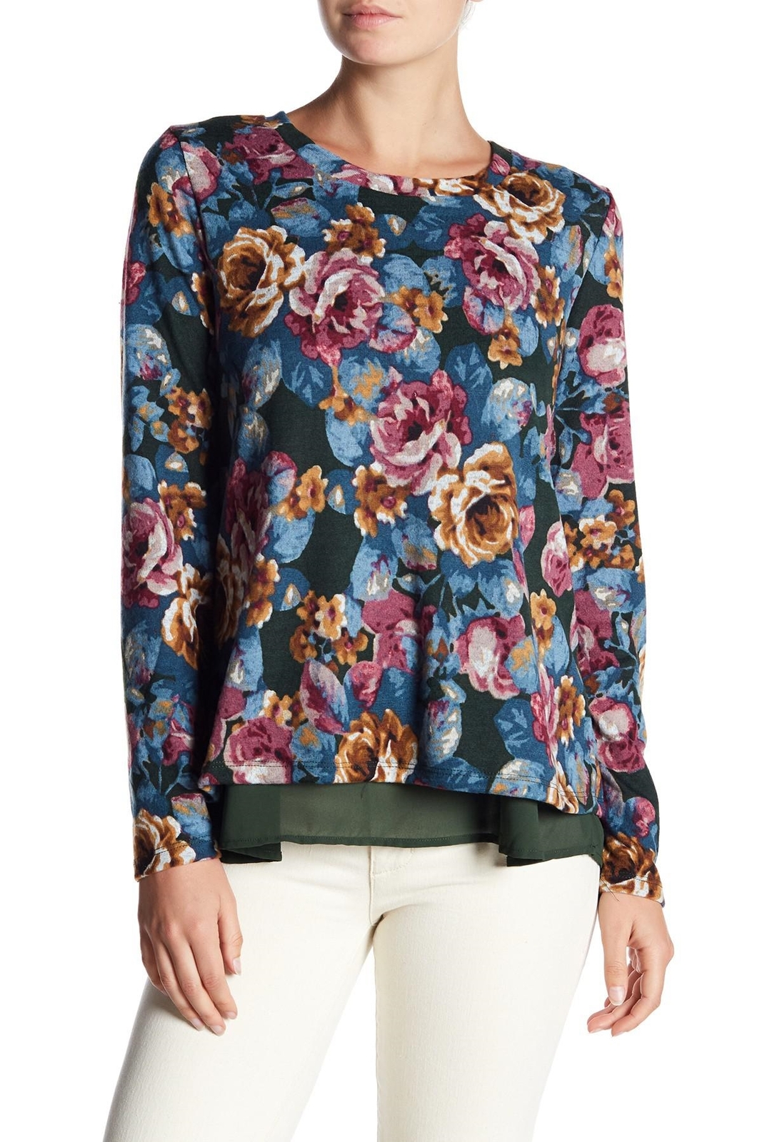 Bobeau 155659 Women's Floral Bow Back Sweater Long Sleeve Green Sz. Small