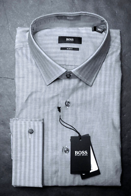 Hugo Boss Men s Jacques Slim Fit French Cuff Med Gray Dress Shirt 39 15.5 34 35