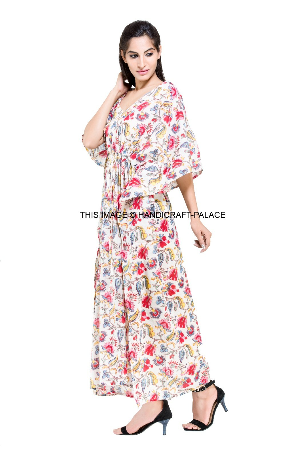 Pre-owned Handmade 20 Pc Indian Hand Block Print Cotton Holiday Top Plus Size Kaftan Long Gown Maxi In White