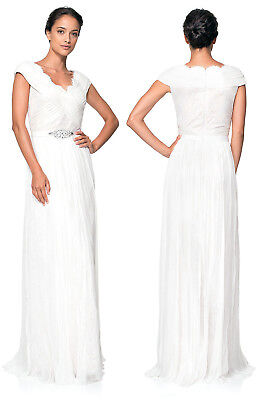 Pre-owned Tadashi Shoji Chiffon Silk Lace Ivory Petal Pleated Belted Dress Gown In White