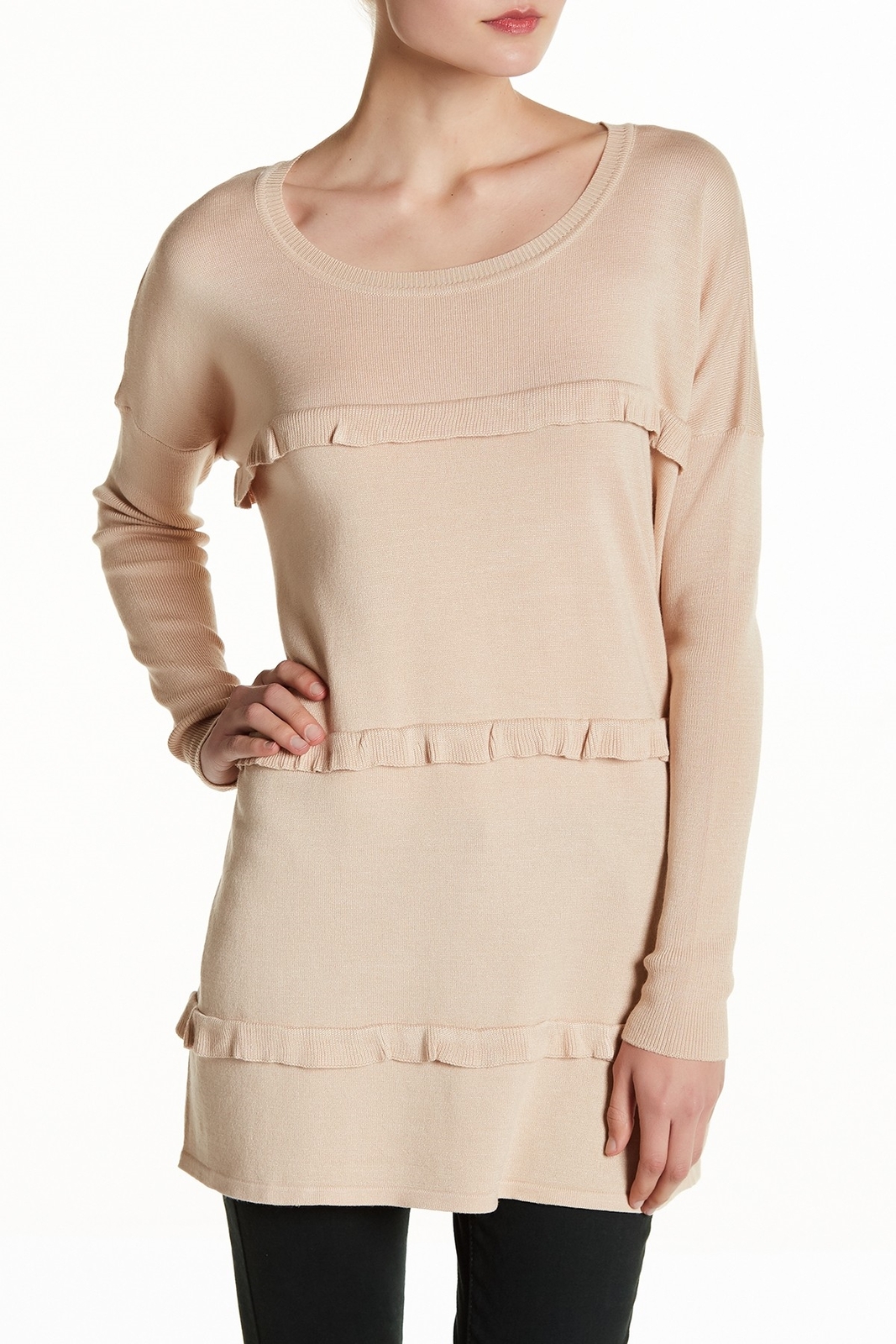 Solutions 163492 Women's Long Sleeve Triple Ruffle Sweater Tunic Beige Sz. M