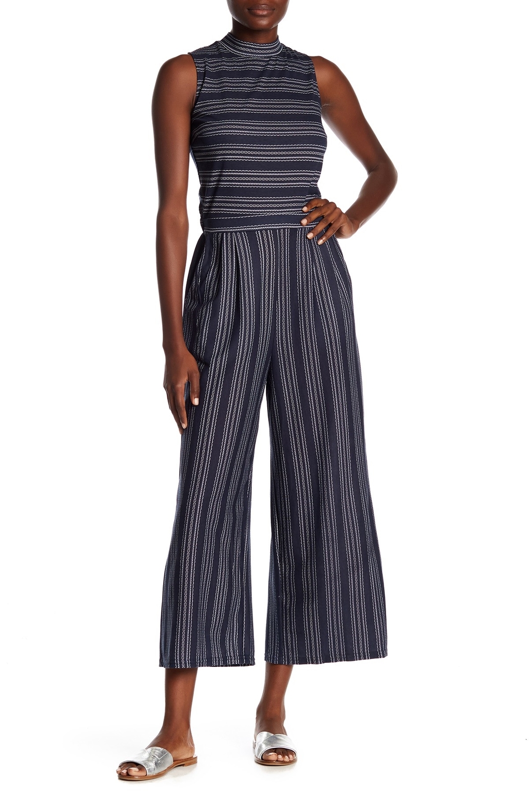 MELLODAY Striped Mock Neck Cropped Jumpsuit Women's XL 152783