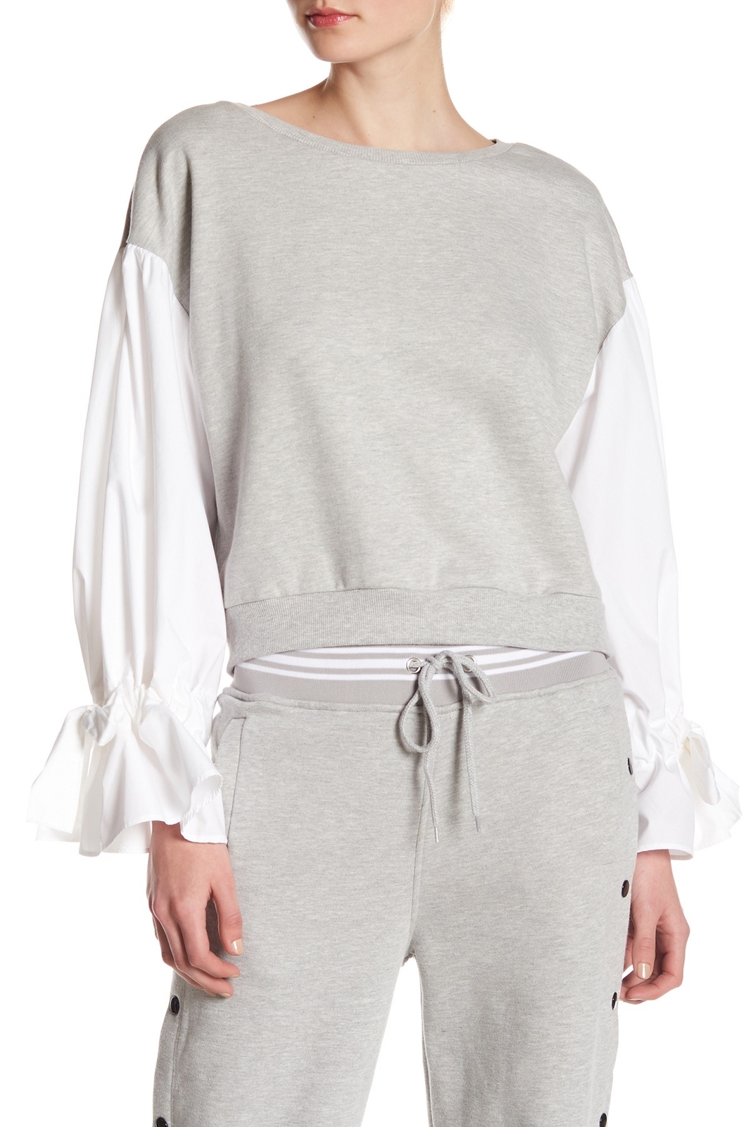 Romeo & Juliet Couture 153354 Women's Woven Sleeve Knit White Gray Sweater Sz. S