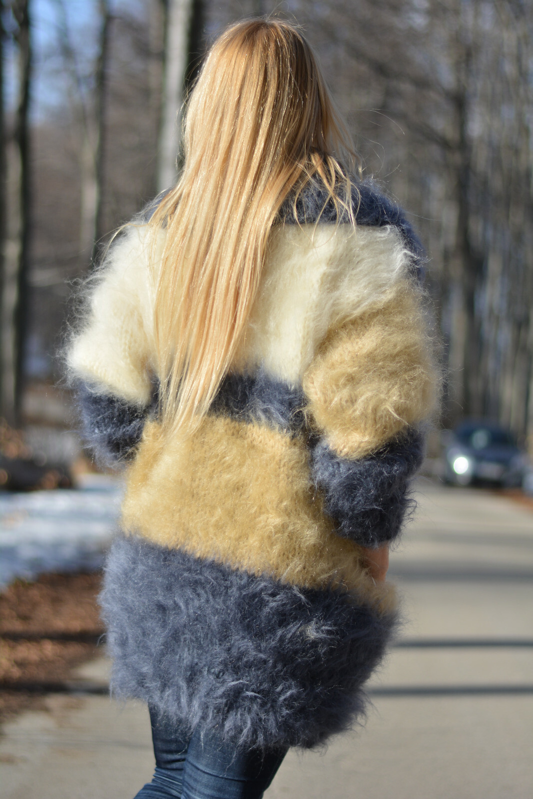 Pre-owned Dukyana Hand Knit Chunky Mohair Cardigan Fuzzy Collared Jumper Handmade Size M,l