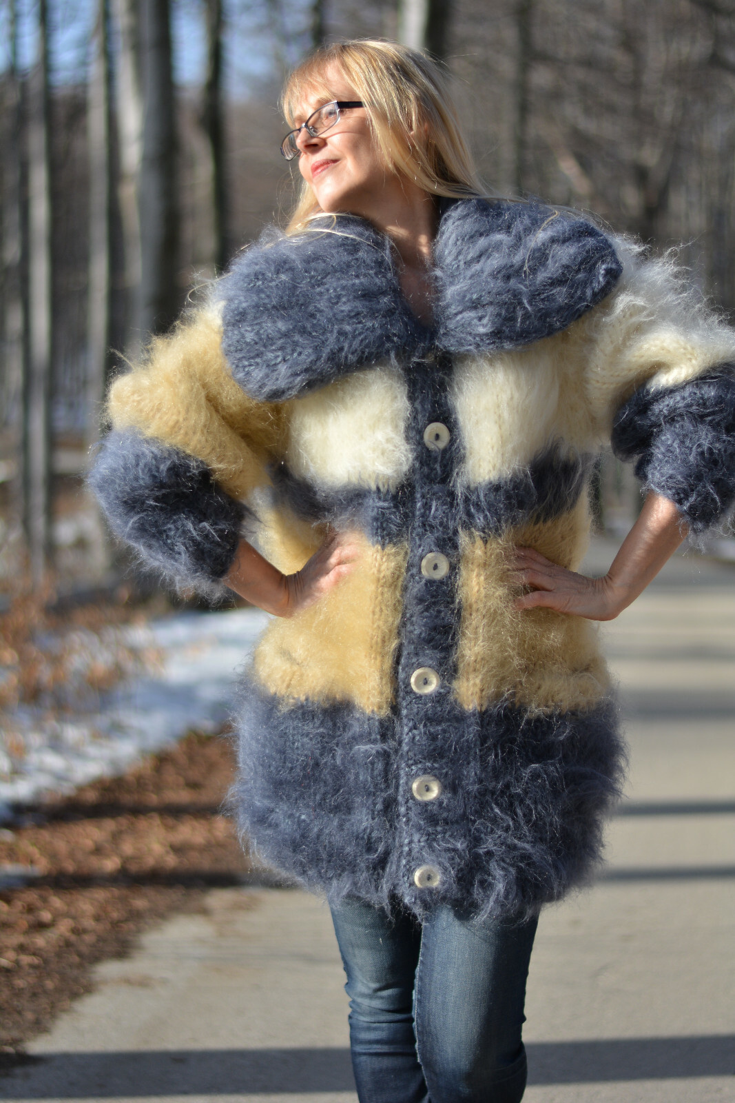 Pre-owned Dukyana Hand Knit Chunky Mohair Cardigan Fuzzy Collared Jumper Handmade Size M,l