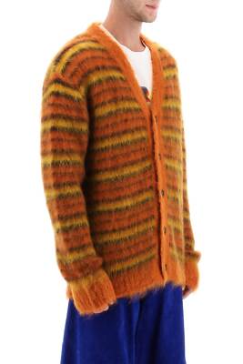 Pre-owned Marni Embroidered Mohair Blend Fuzzy-wuzzy Cardigan  In Lobster