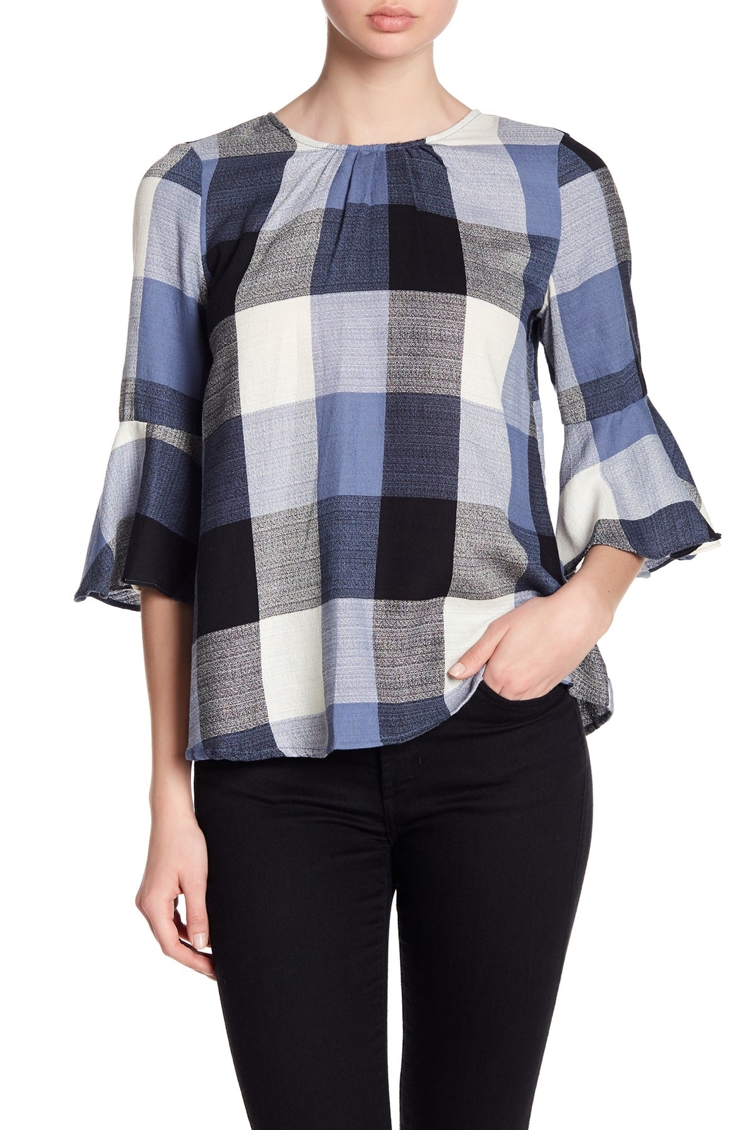 Ro & De 153666 Women's Plaid Blouse 3/4 Sleeve Cotton Blue Sz. Medium
