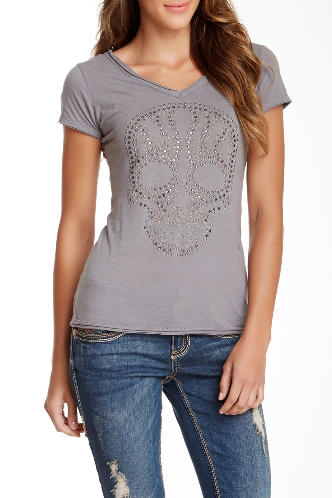 Seven7 Skull Studs Raw Edge Tee Shirt Grey size M 152113