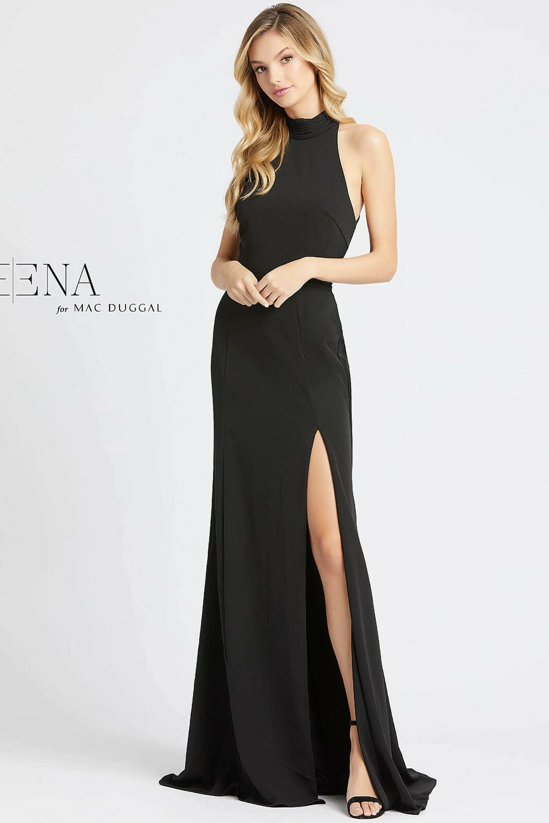 IEENA MAC DUGGAL 26127 Черное трикотажное платье с высоким воротником и каплевидным вырезом на спине 6