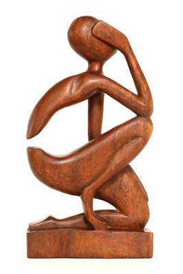 12" Wooden Handmade Abstract Sculpture "The Thinker" Figurine Thinking Statue