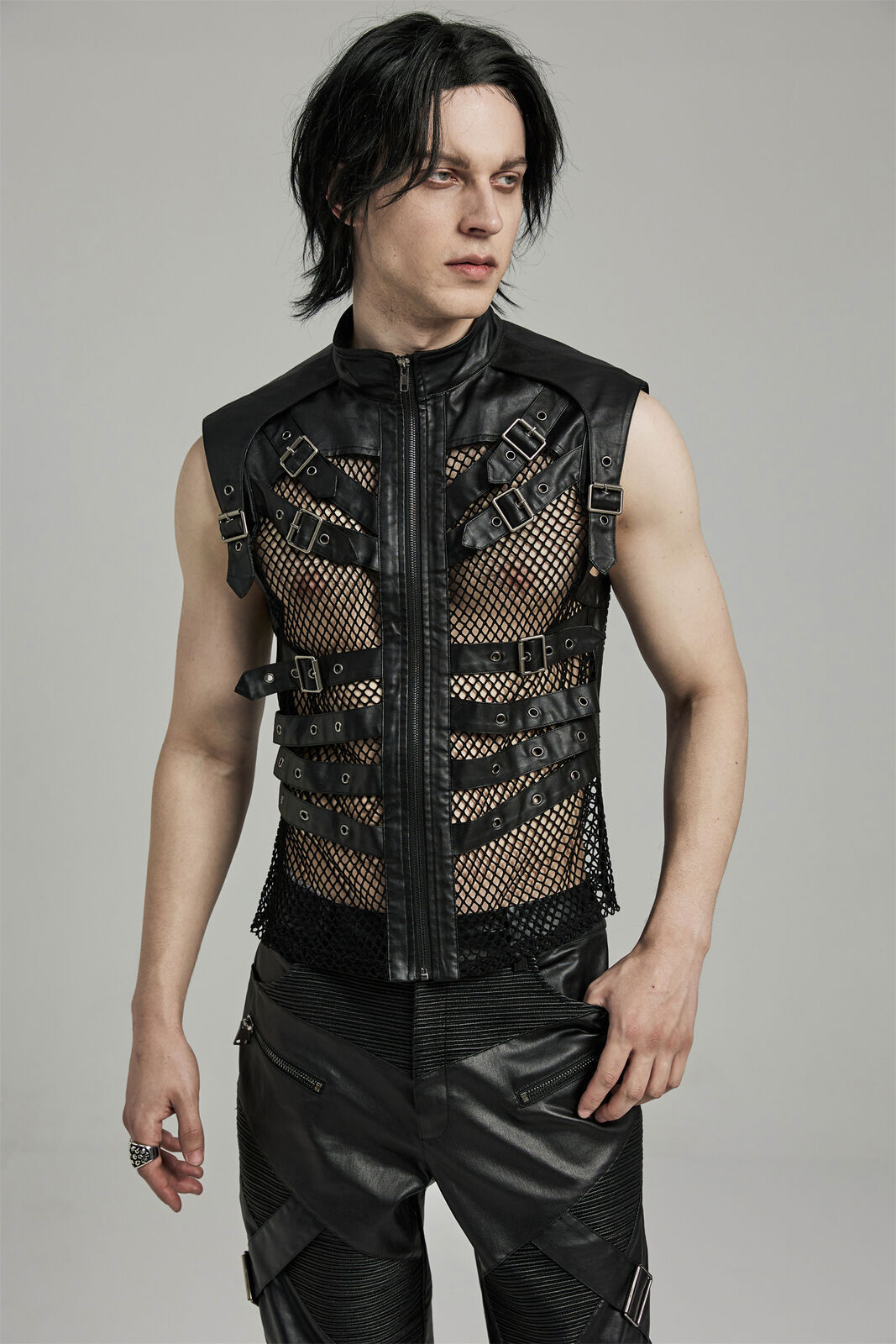 PUNK RAVE Men Black Gothic Punk Handsome Mesh Leather Loop Hollow