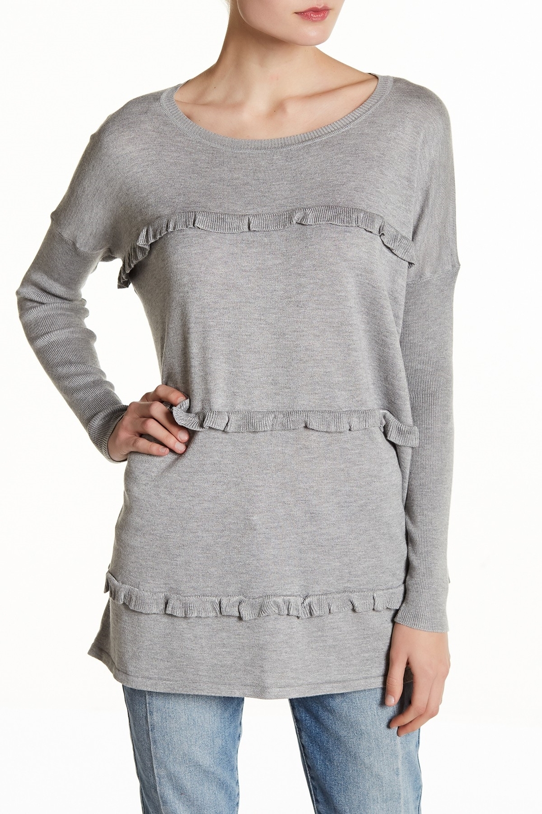 Solutions 164725 Women's Long Sleeve Triple Ruffle Gray Pullover Sweater Sz. M