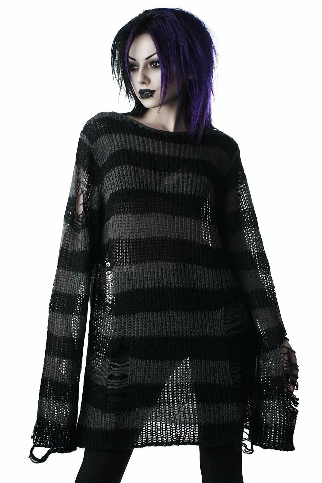 Killstar Ash Distressed Punk Gothic Knit Stripes Oversized