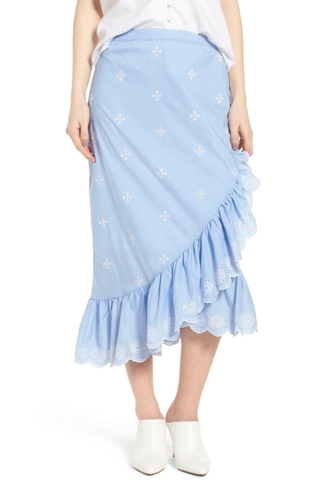 Chelsea28 Women BLUE- WHITE FIZZLE STRIPE Ruffle Midi Skirt Sz. Small 151892