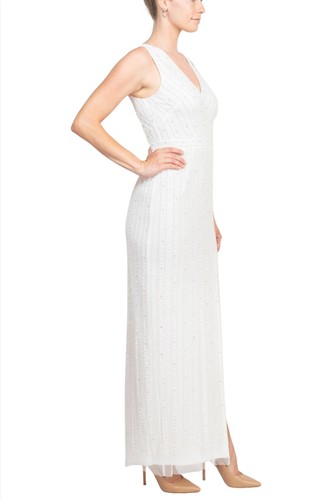 Pre-owned Adrianna Papell V-neck Beaded & Sequined Sleeveless Banded Waist Slit Front In Ivory