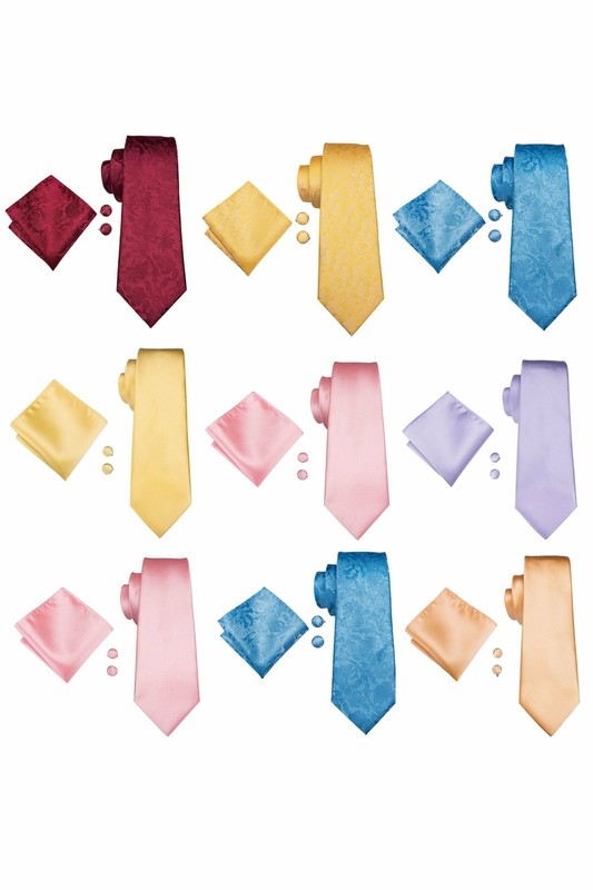 Mens Plain Pale Pastel 100% Silk pocket square, Cufflink and wedding tie sets