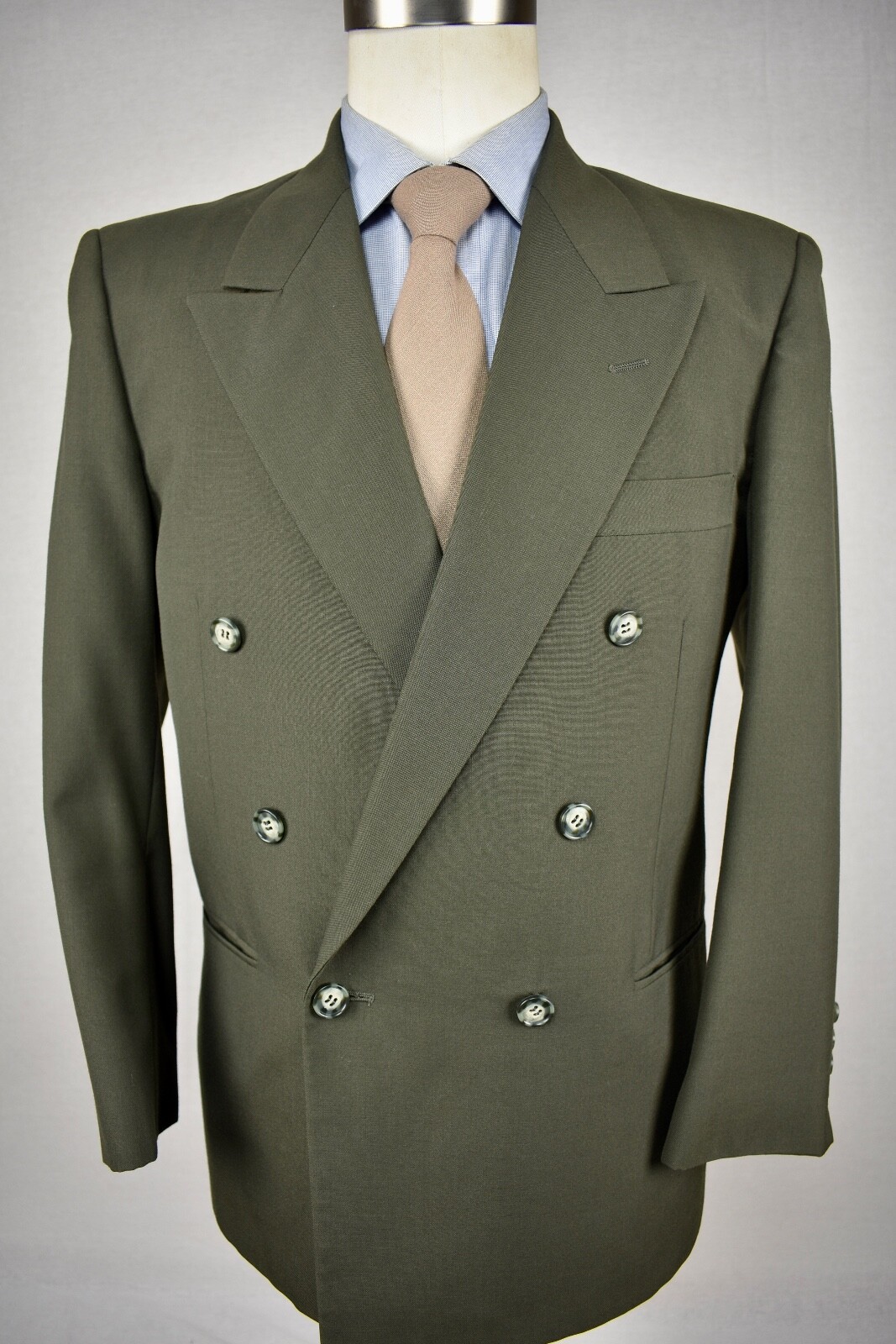 1980-90's Foreman & Clark Solid Green Wool Double Breasted Two Pc Suit Size: 40S