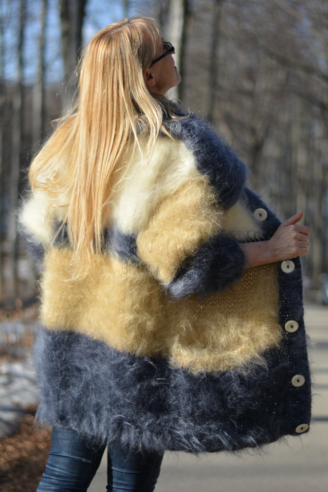 Pre-owned Dukyana Hand Knit Chunky Mohair Cardigan Fuzzy Collared Jumper Handmade Size M,l