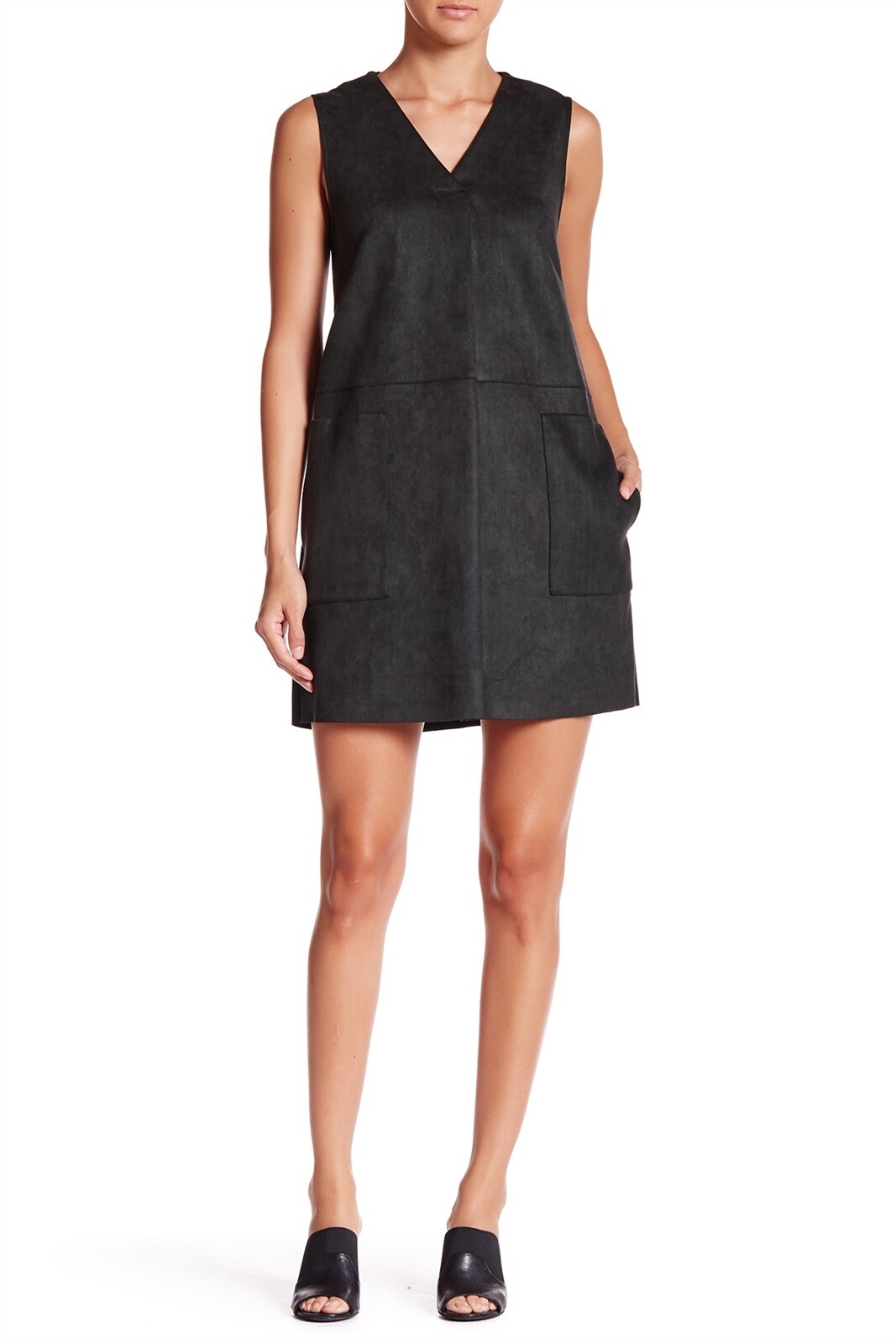HYFVE Womens Black Faux Suede Sleeveless V-Neck Shift Dress Size Small