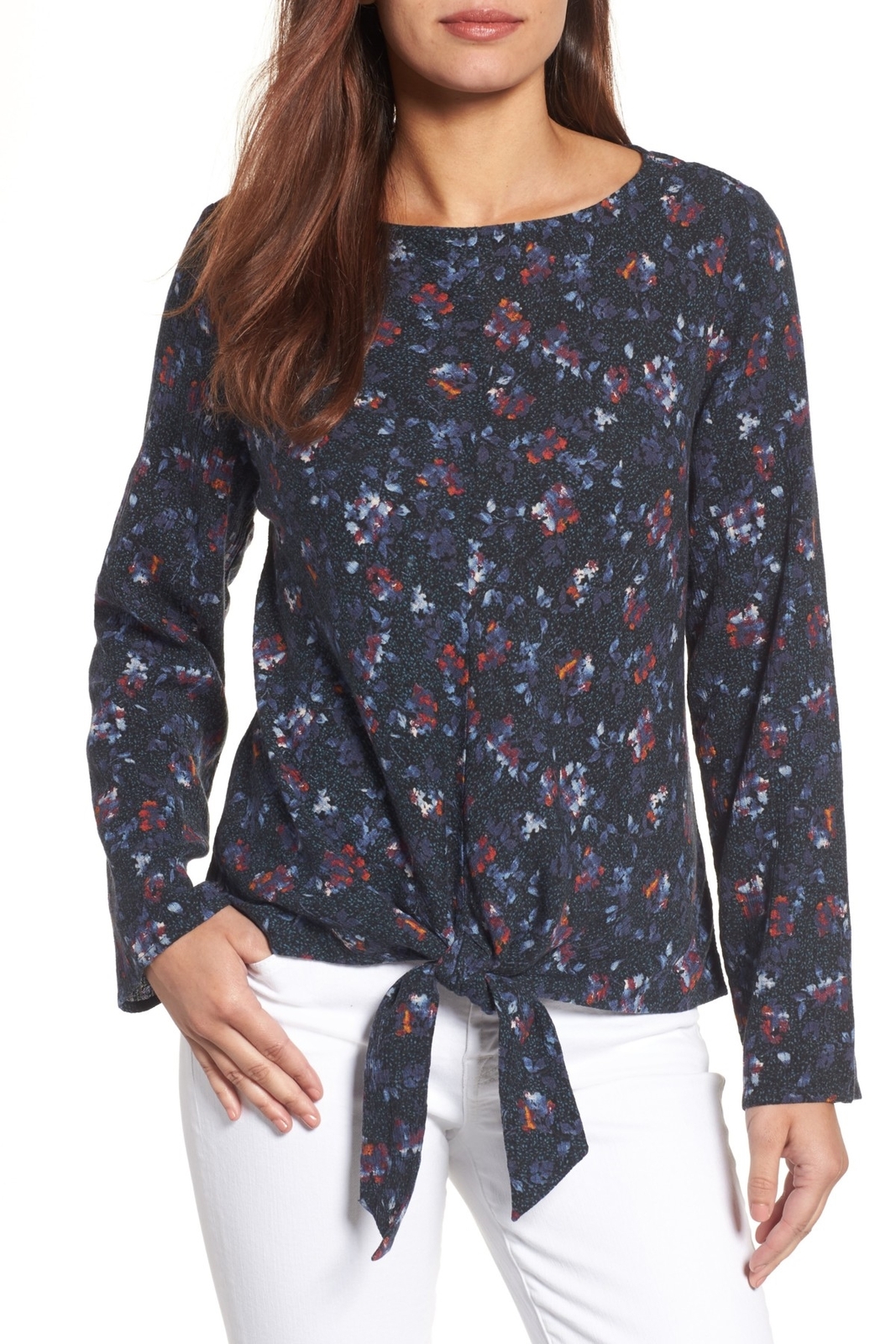 Caslon 163305 Women's Cotton Blend Knot Front Floral Print Tee Blue Sz. Small