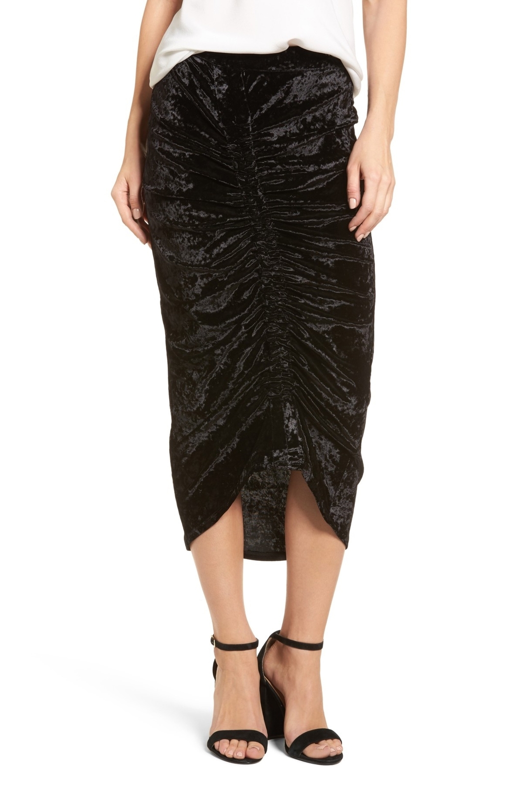 Trouve 161160 Women's Velvet Ruched Front Midi Skirt Solid Black Sz. Medium