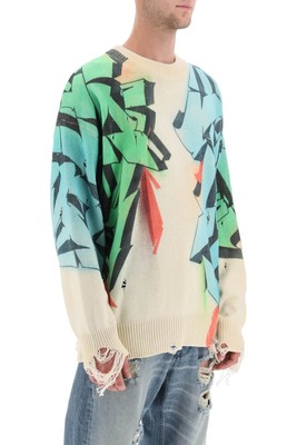 Pre-owned Children Of The Discordance Graffiti Print Distressed Sweater In Xsui Green
