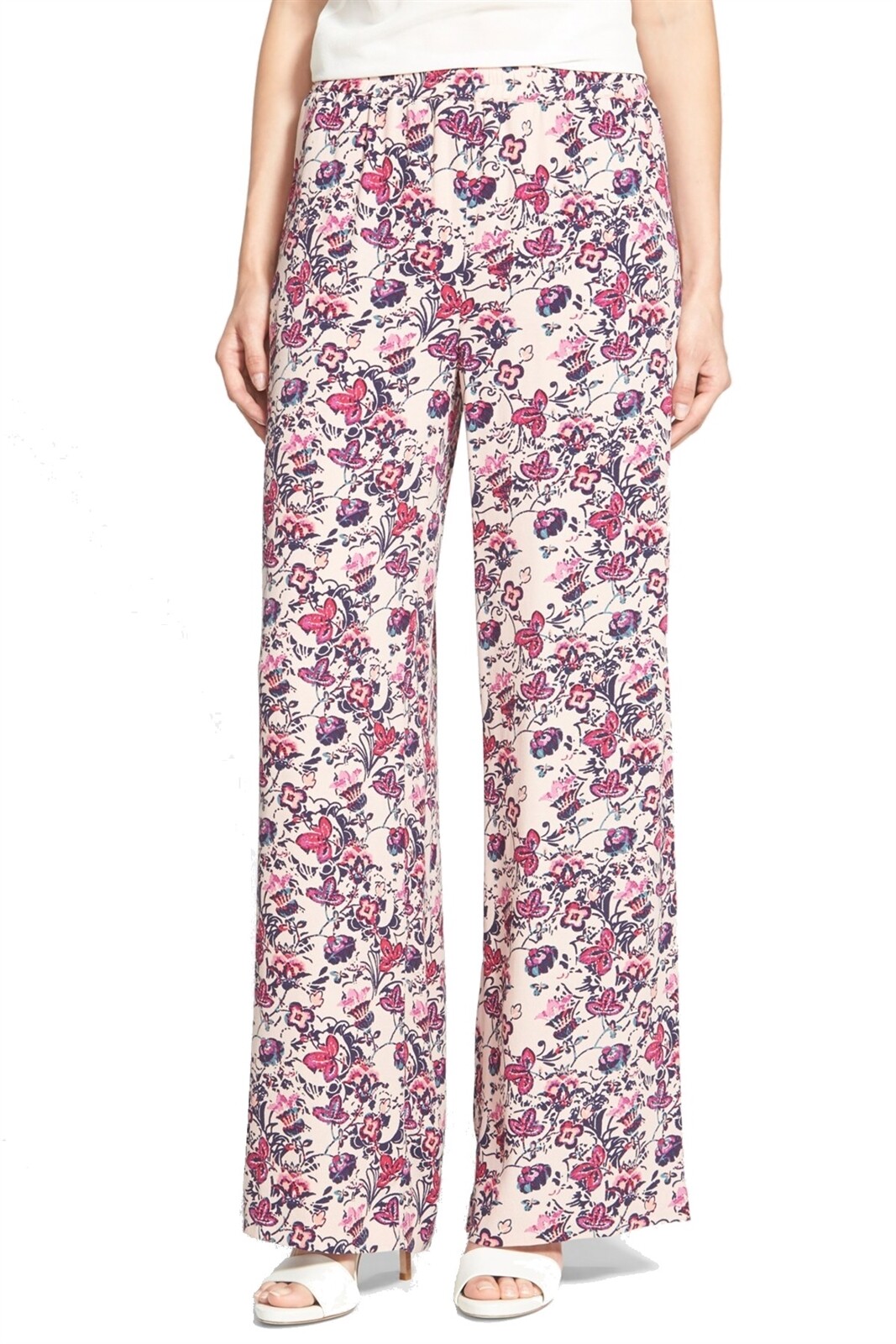 Chelsea28 Women's Wide Leg Pink Floral-Print Pull-On Pants Sz Medium