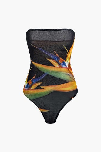 Zara Tulle Mesh Strapless Thong Bodysuit Black Multicolor