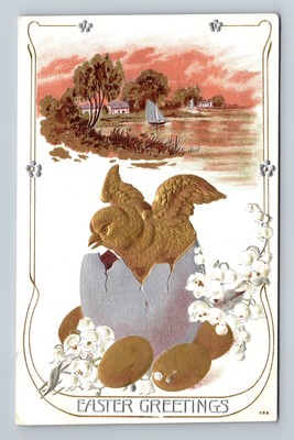 Easter Greeting Gold Baby Chick Hatching Egg Lily Flower Postcard