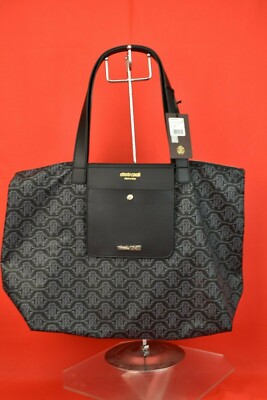ROBERTO CAVALLI ハンドバッグ ROBERTO CAVALLI BORSA BLACK LARGE NYLON MONOGRAM PRINT LOGO