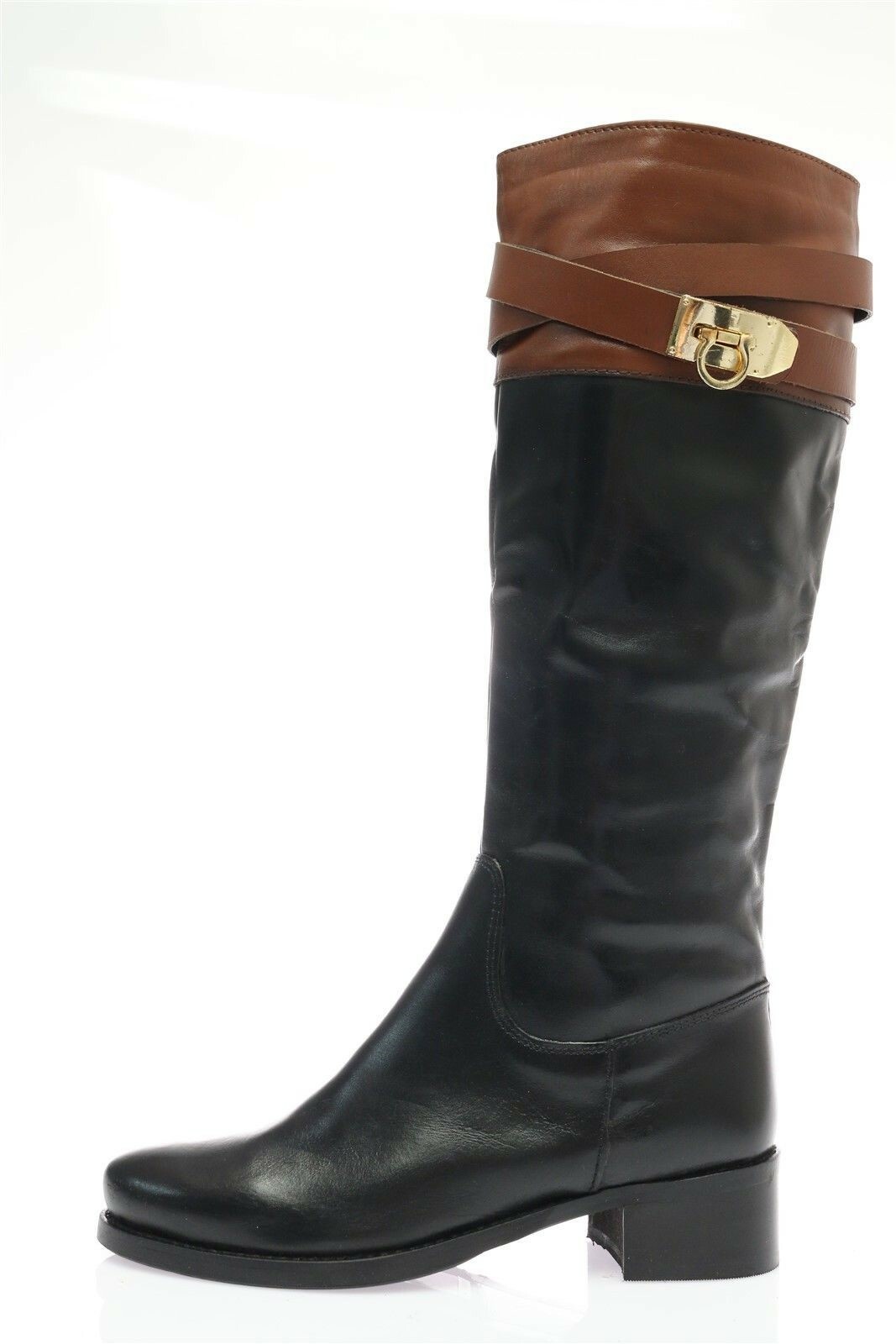Catherine Malandrino Black Brown Leather Low Heel Knee High Boots Size 37 New