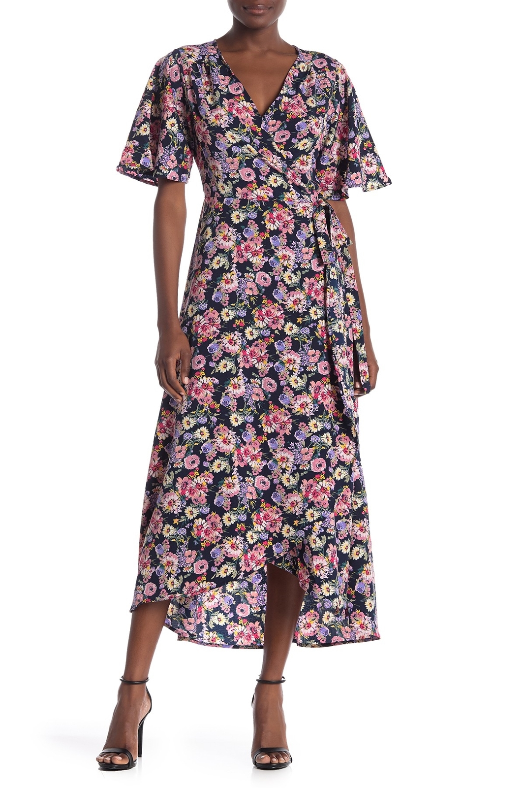 Bobeau 158740 Women's Floral Wrap Maxi Dress Short Sleeve Navy/Pink Sz. XS