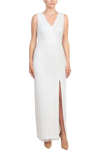 Pre-owned Adrianna Papell V-neck Beaded & Sequined Sleeveless Banded Waist Slit Front In Ivory