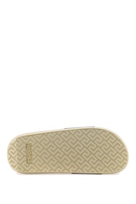 Pre-owned Versace La Medusa Rubber And Calfskin Slides In Gold