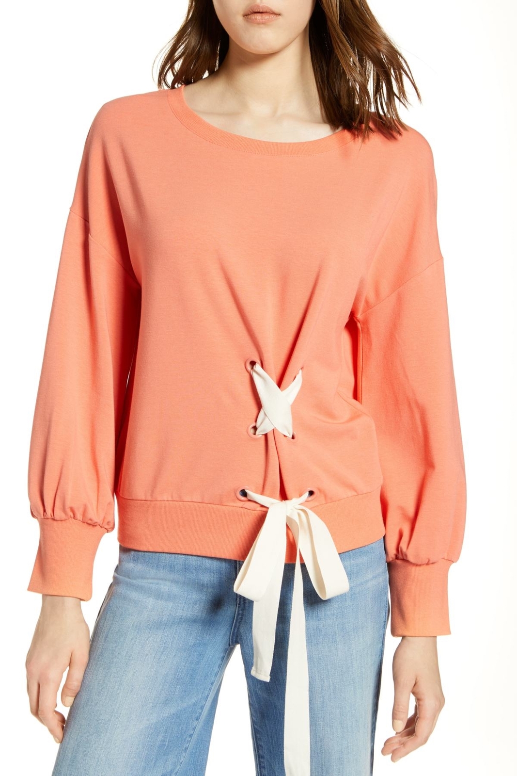 Halogen 156444 Women's Lace-Up Sweatshirt Petite Long Sleeve Coral Ocean Sz. PXS