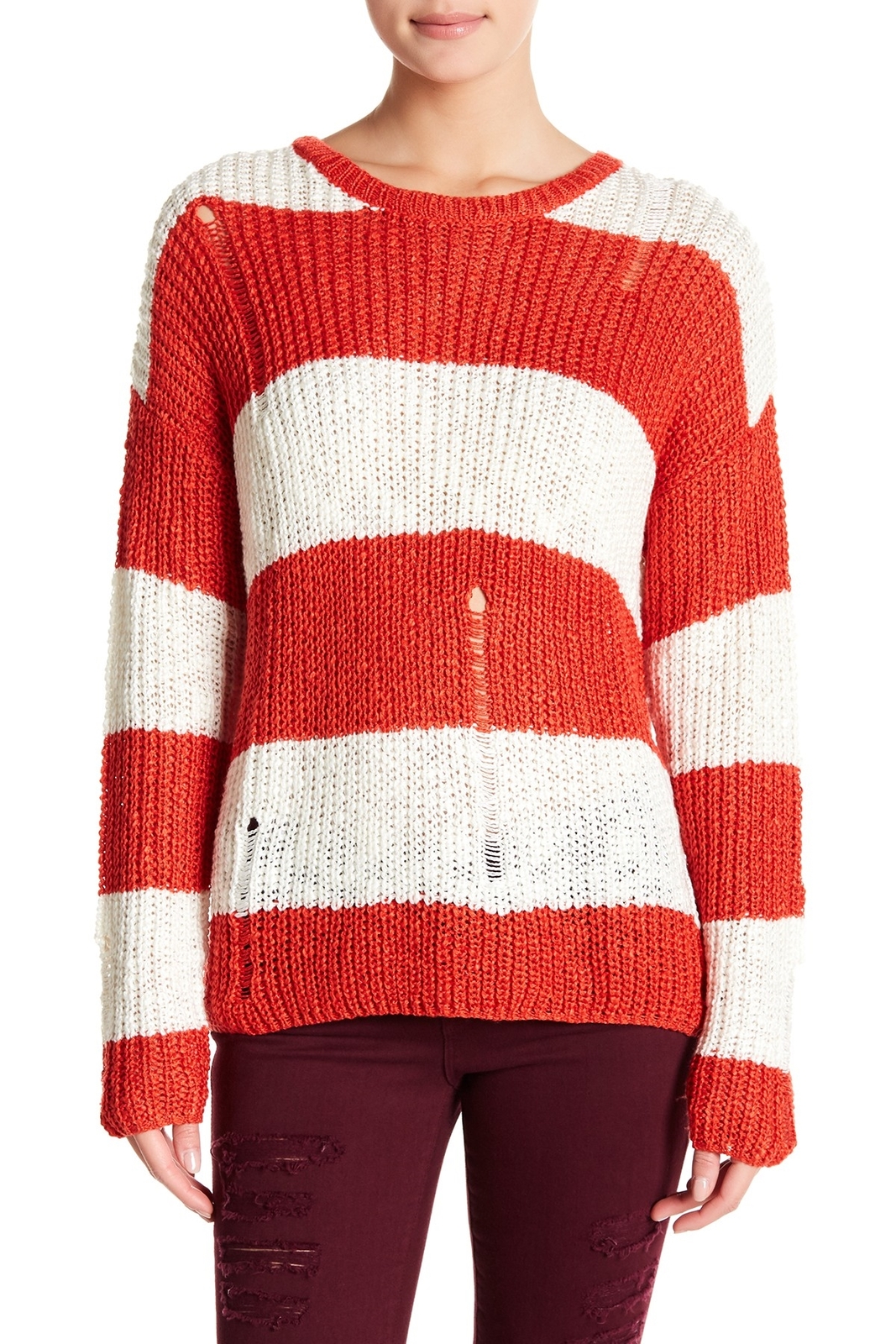Cotton Emporium 164659 Women's Distressed Striped Knit Sweater Red/Ivory Sz. L