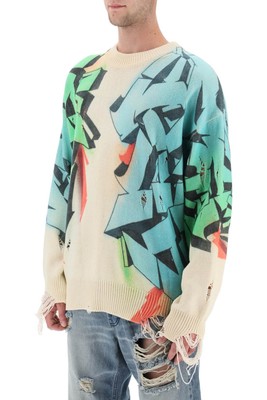 Pre-owned Children Of The Discordance Graffiti Print Distressed Sweater In Xsui Green