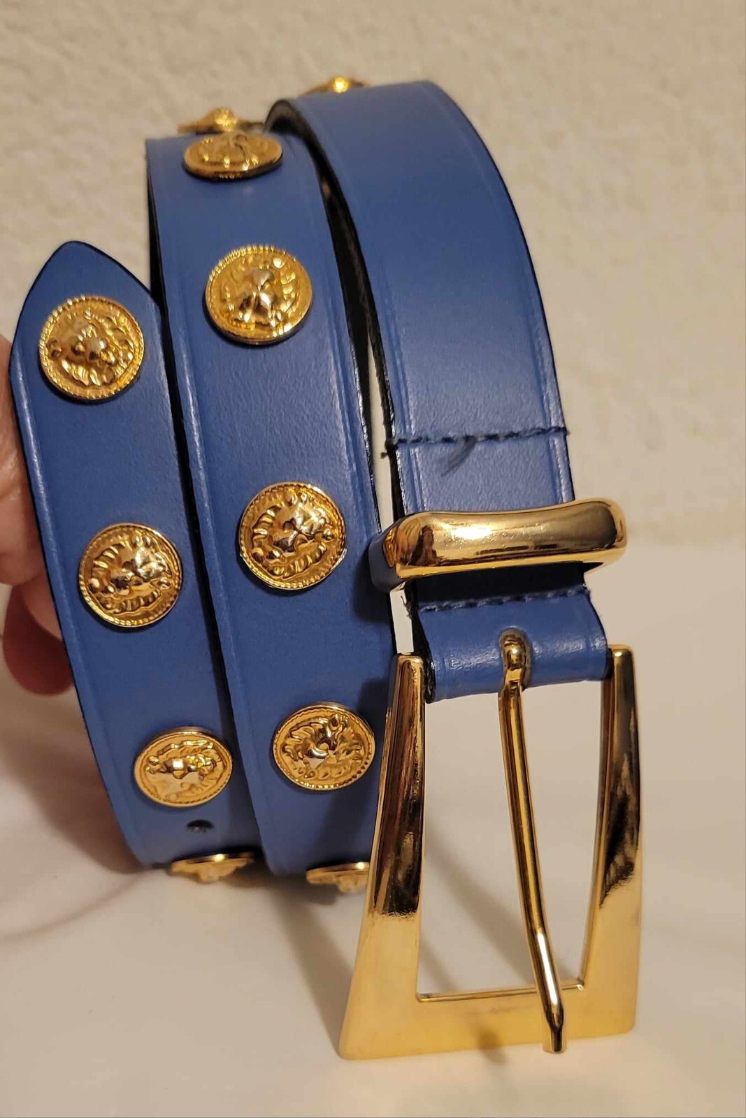 Vintage The Limited blue leather gold lion head studded belt
