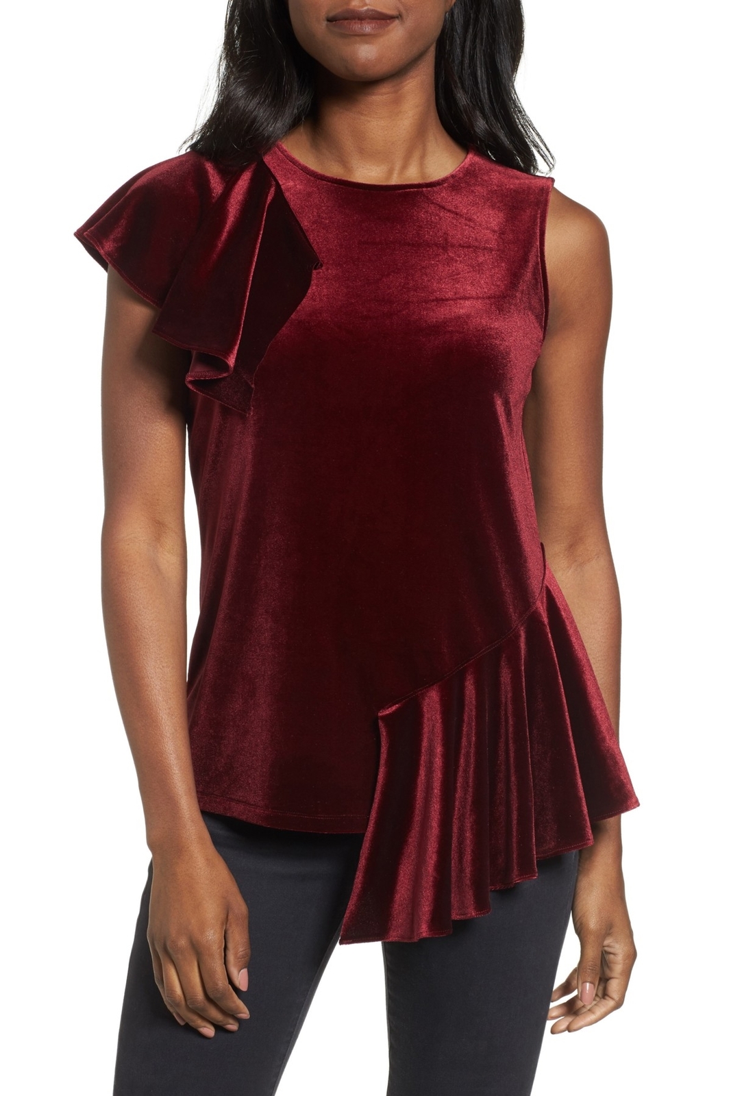 Halogen 155906 Women's Velvet Ruffle Blouse Red Tannin Sz. Medium