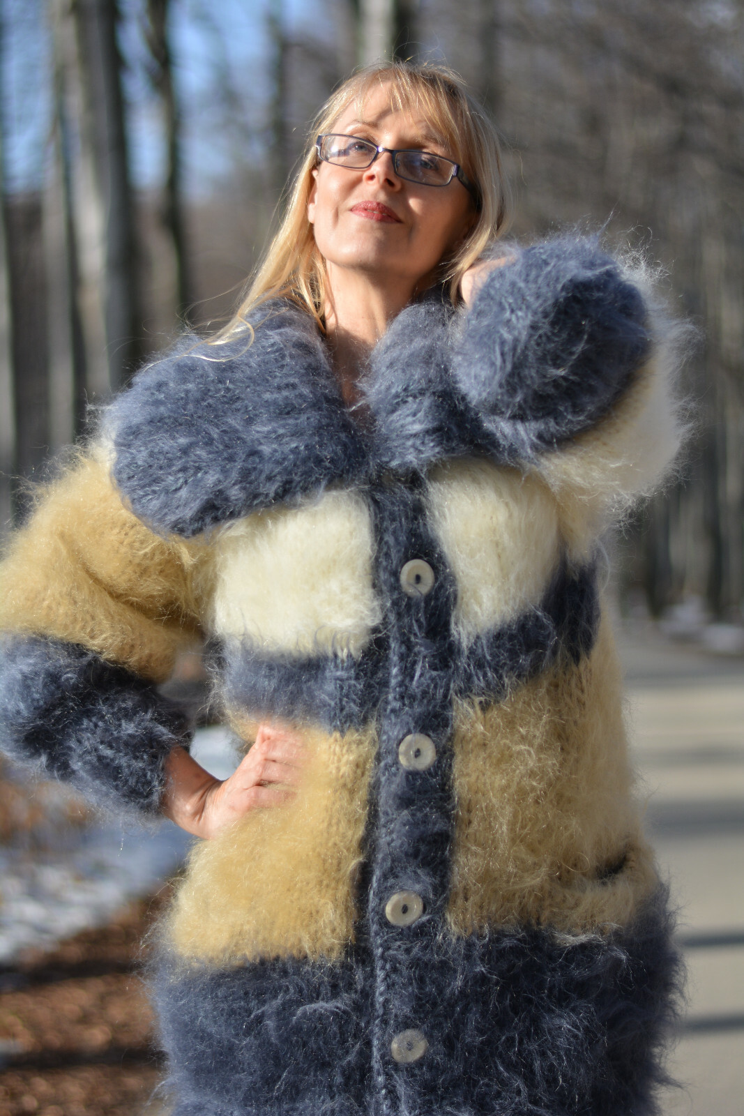 Pre-owned Dukyana Hand Knit Chunky Mohair Cardigan Fuzzy Collared Jumper Handmade Size M,l