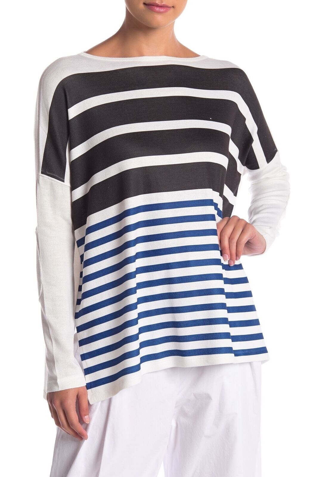 Go Couture 163475 Women's Long Sleeve Striped Sweater Ivory/Gray