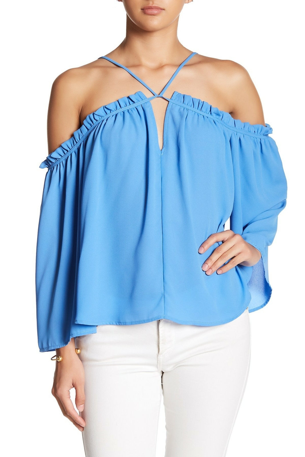 HARLOWE & GRAHAM 135394 Womans Blue Off-the-Shoulder Ruffle Blouse Sz Medium
