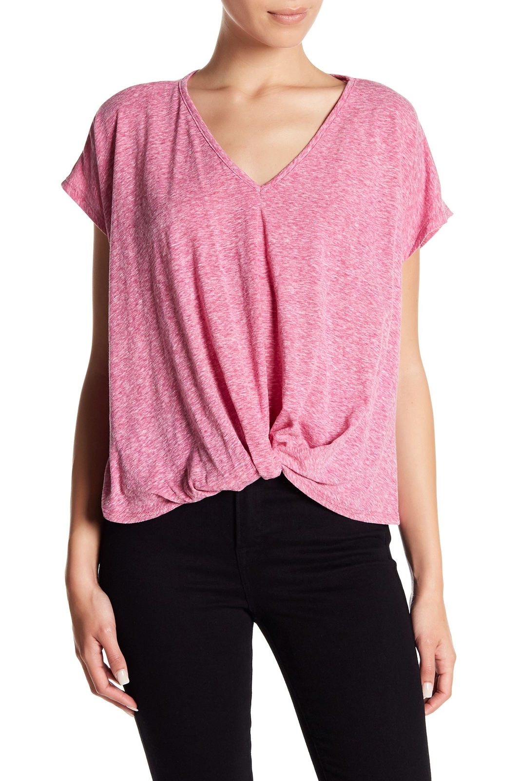 Bobeau 150858 Women's Pink Knotted Front V-Neck Tee Sz. LP Large Petite