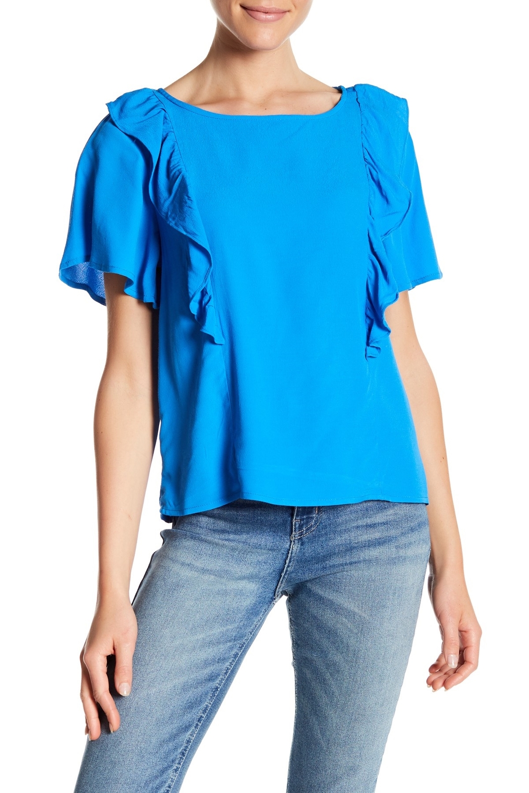 CODEXMODE 158697 Women's Crew neck Ruffle Sleeve Blouse Blue Sz. Medium