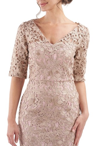 Pre-owned Js Collections V-neck Short Sleeve Zipper Back Flounce Skirt Scalloped Hem Lace In Rose Cloud