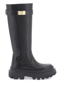 Pre-owned Dolce & Gabbana Leather Boots With Logoed Plaquee In Black